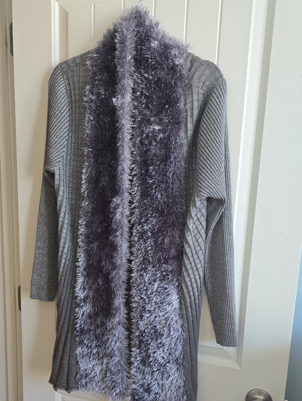 Lauren Michelle Gray Rib-Knit Cardigan with Plush Faux Fur Trim